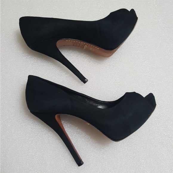 SCHUTZ Black Suede Open Toe 5 inch Heels Size 5 - Picture 1 of 7